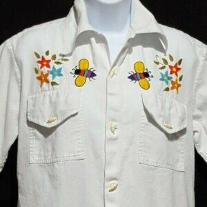 Vintage Jolanda Womens Top White Button Front Embroidered Bumblebees Flowers L
